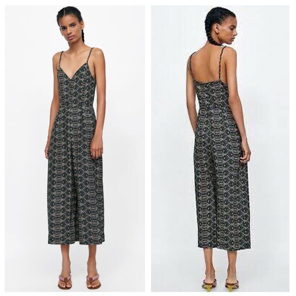 NWT Zara Boho Woven Linen Printed Tribal Crop Wide Leg Jumpsuit XS